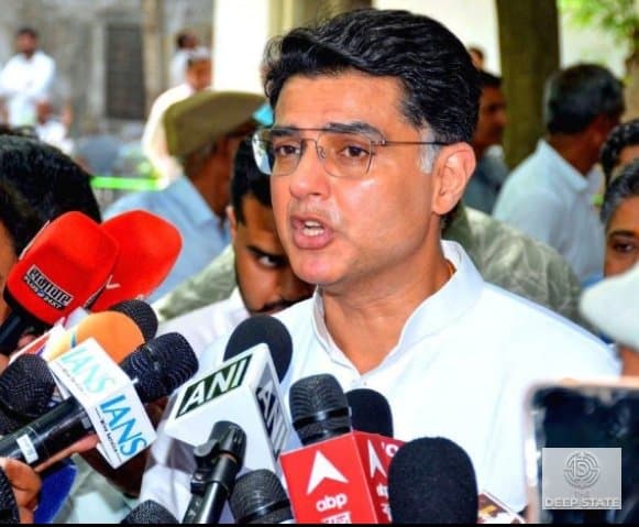 Sachin Pilot addresses journalists during his visit to Banswara, outlining the Congress' criticism of the BJP-led governments.
